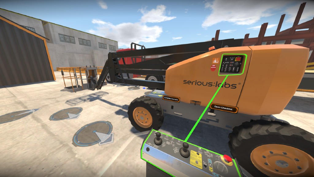 A virtual reality job site with a boom lift