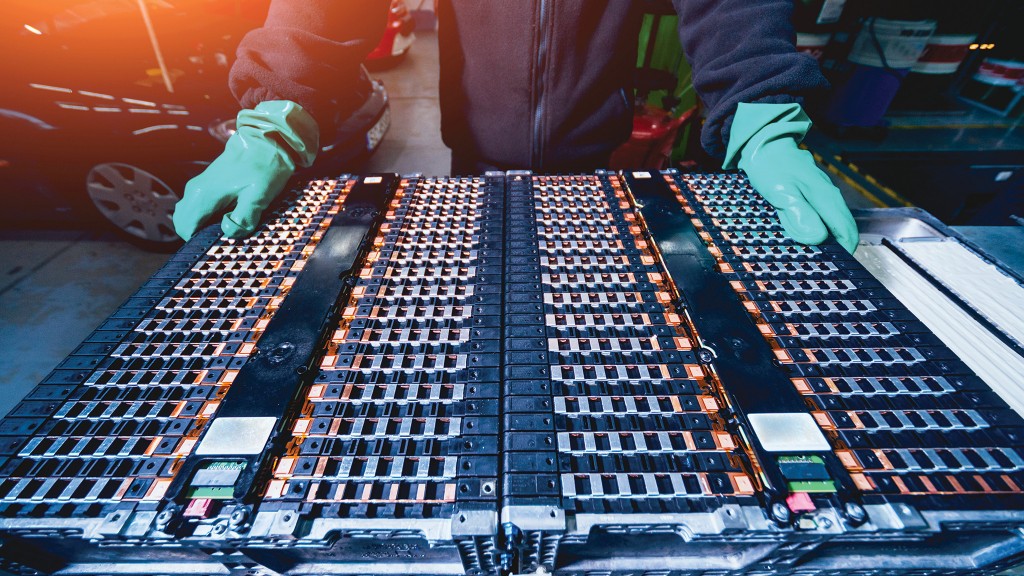 EV batteries are stacked in a row