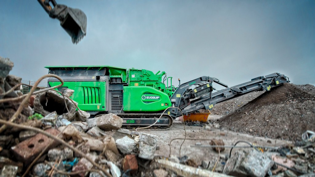 A jaw crusher crushes material on a job site