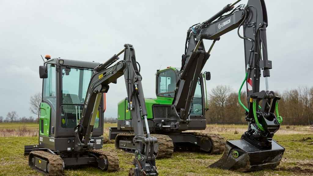 Two excavators are parked on a field