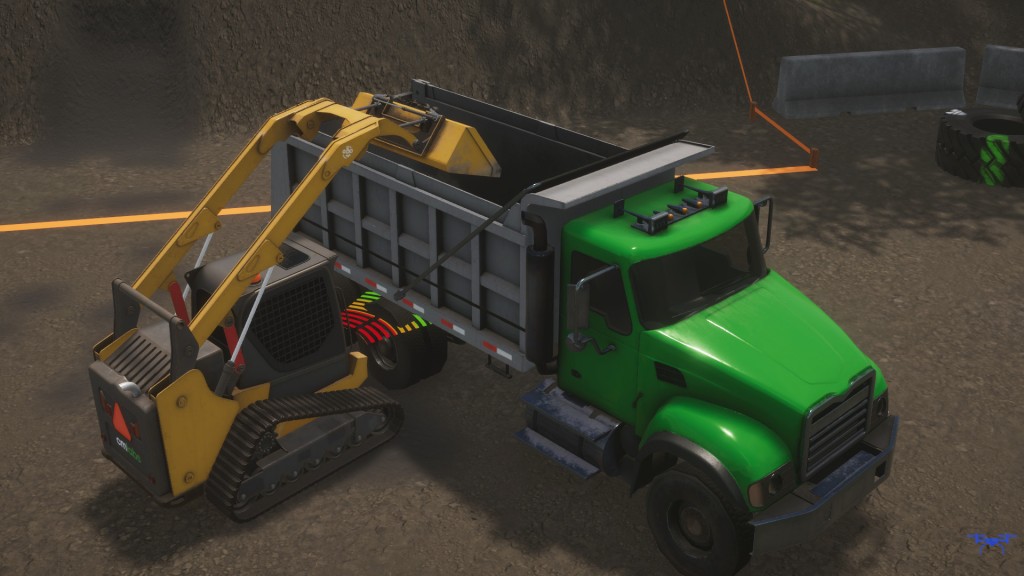 A virtual skid-steer loader loads a truck with material
