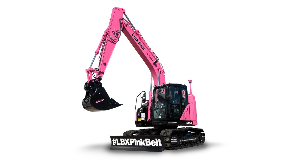 A pink excavator on a white background