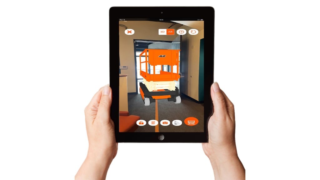 Two hands hold a tablet with a scissor lift on the screen