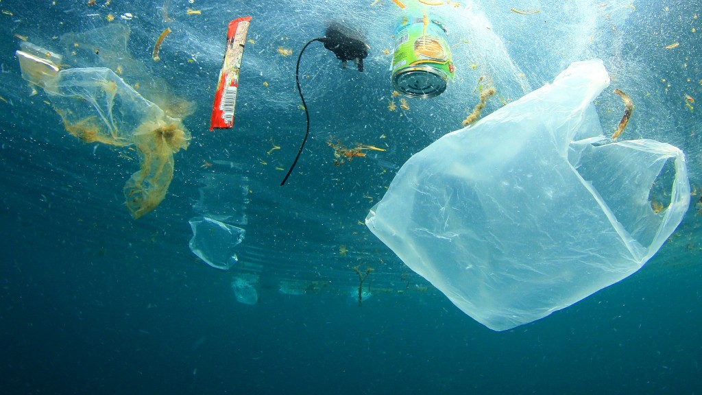A paper bag and other waste floats in the ocean