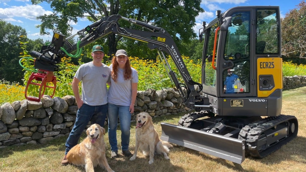 Two people and their dogs stand near a compact excavator