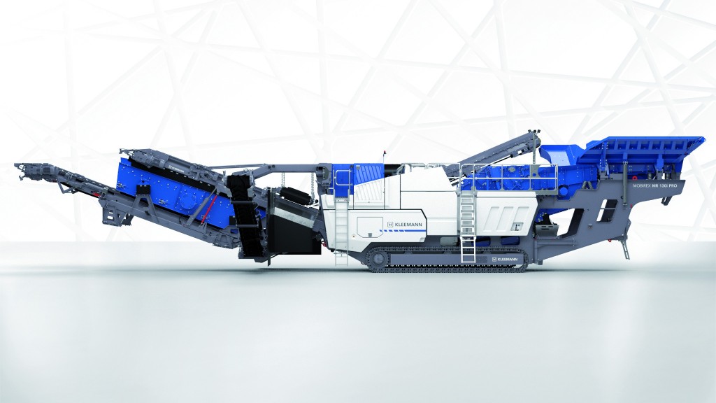 A blue and white impact crusher against a white and grey background