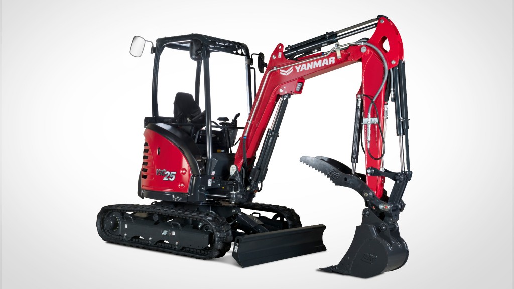 A red and black mini excavator angled facing right
