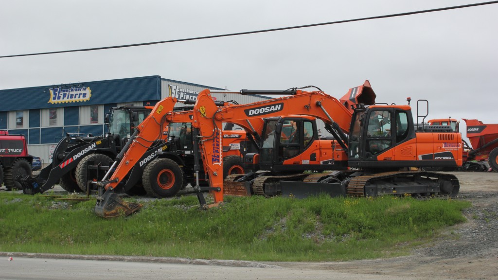 Various pieces of equipment are parked at a dealership