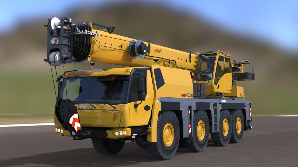 A digital rendering of a crane is parked on a road