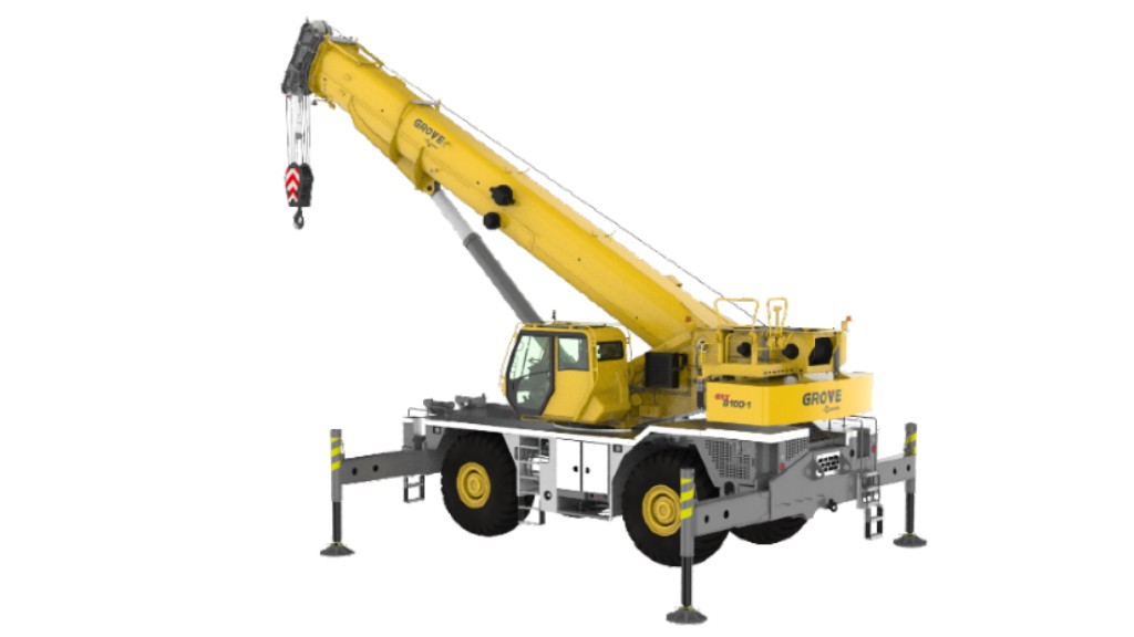 A rough-terrain crane is parked on a white background