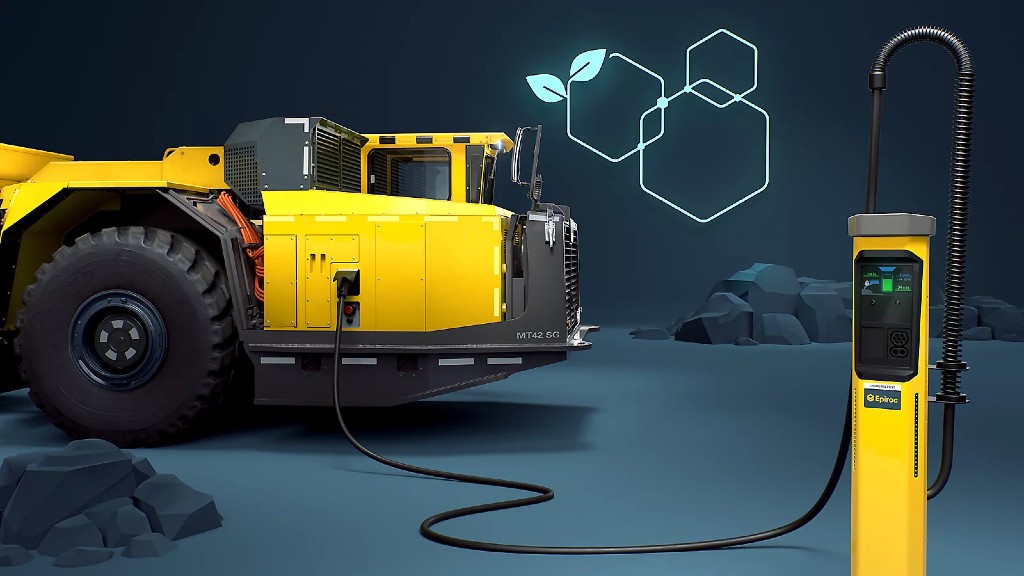 An underground battery-electric truck charges