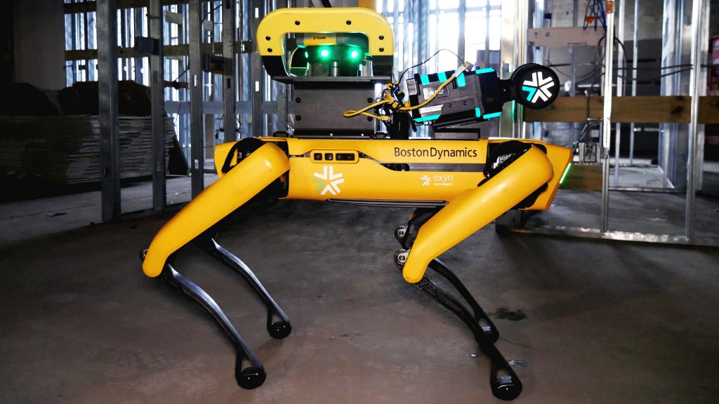 A robot dog with external hardware suveys a job site