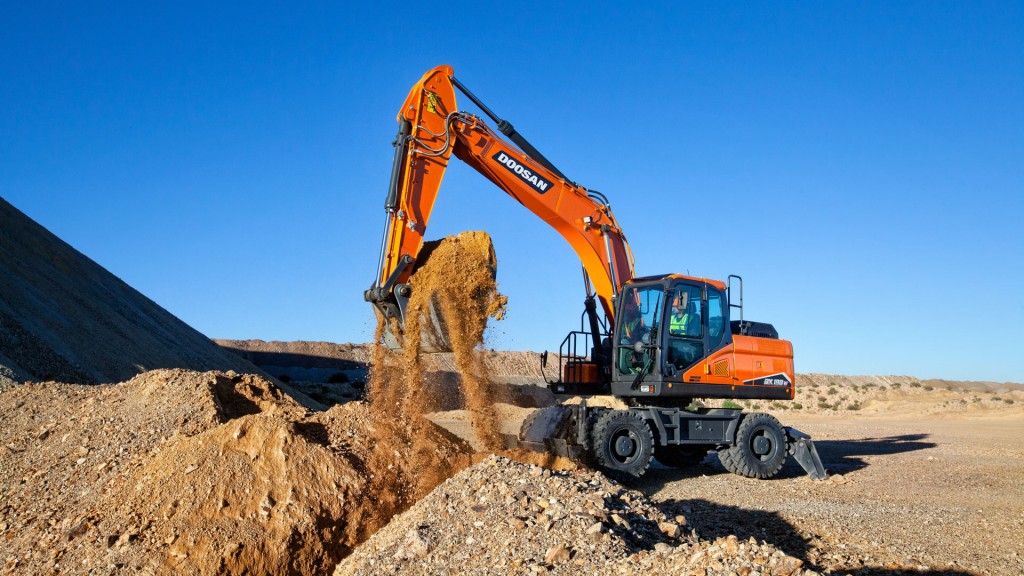 A wheel excavator digging in a desert setting