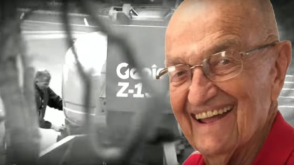 Screenshot from a video of a man's face in front of equipment manufacturing images