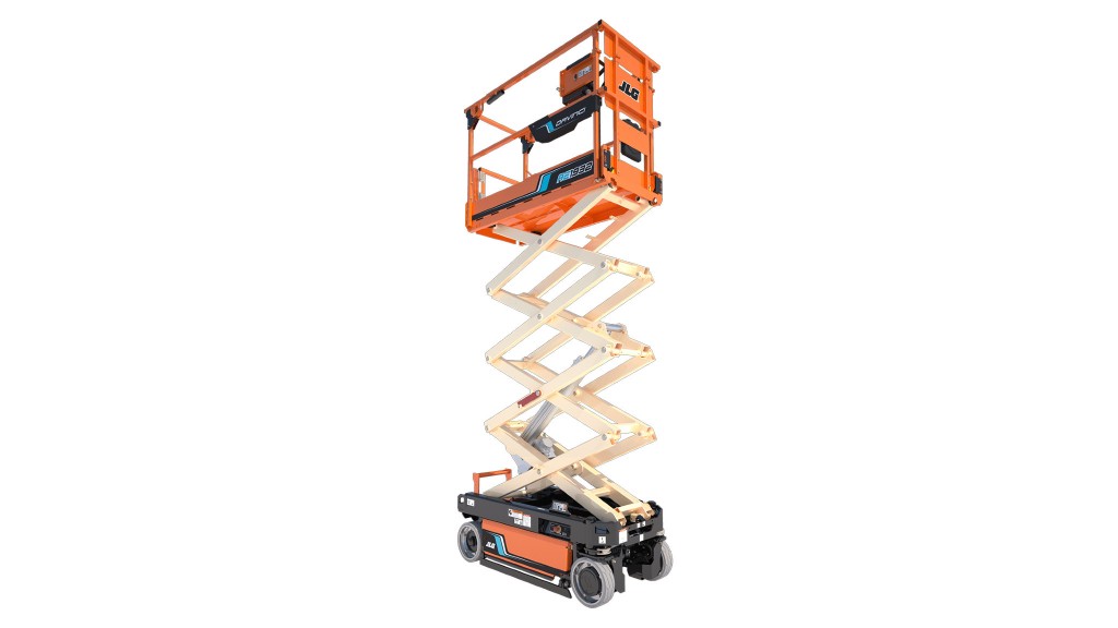 A scissor lift is parked on a white background