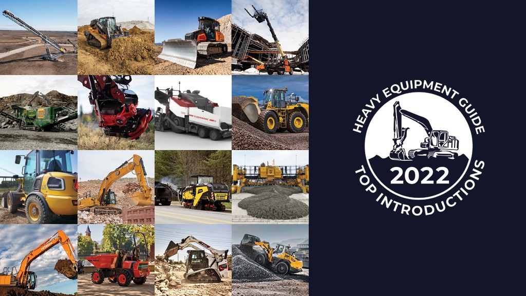 A grid of different construction machines with Heavy Equipment Guide Top Introductions logo