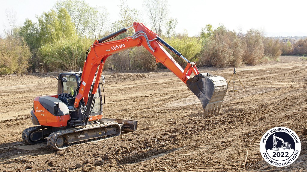 An excavator uses grade control on a job site