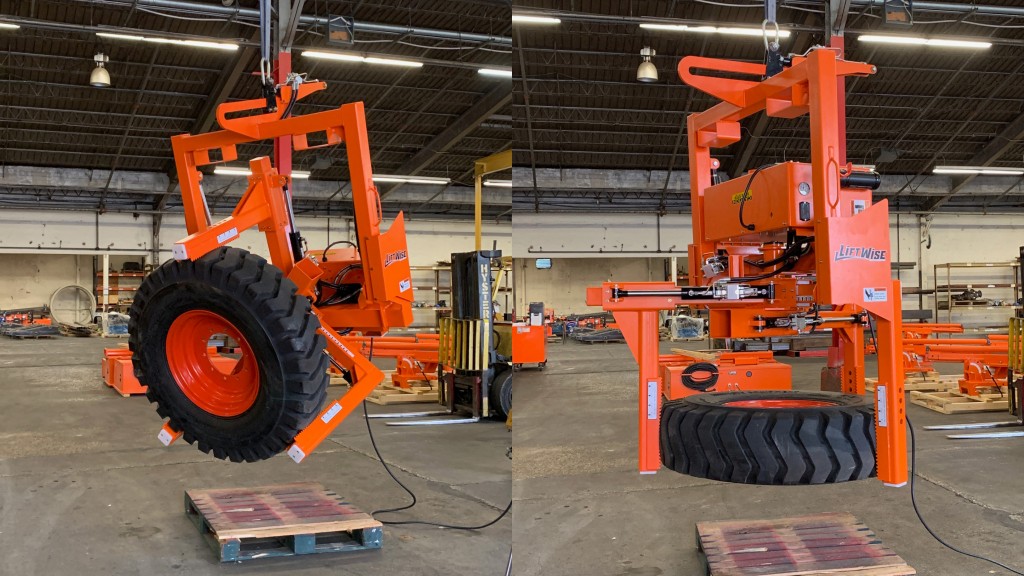LiftWise's new hanging tire handler can move tires of up to 1,400 lbs