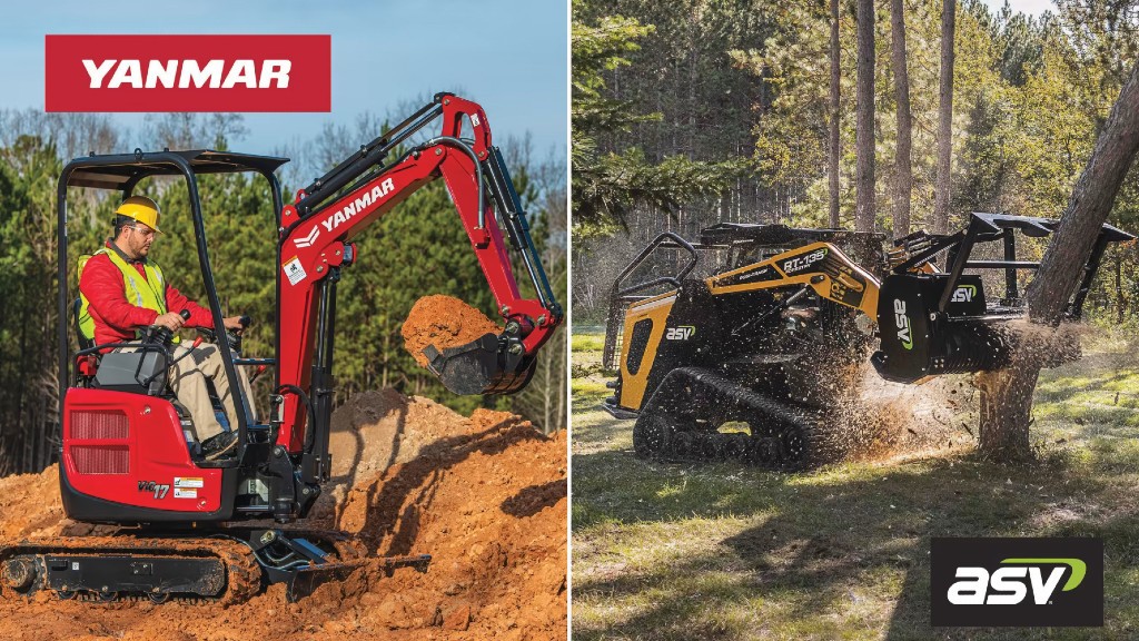 A compact excavator and compact track loader operate in separate panels