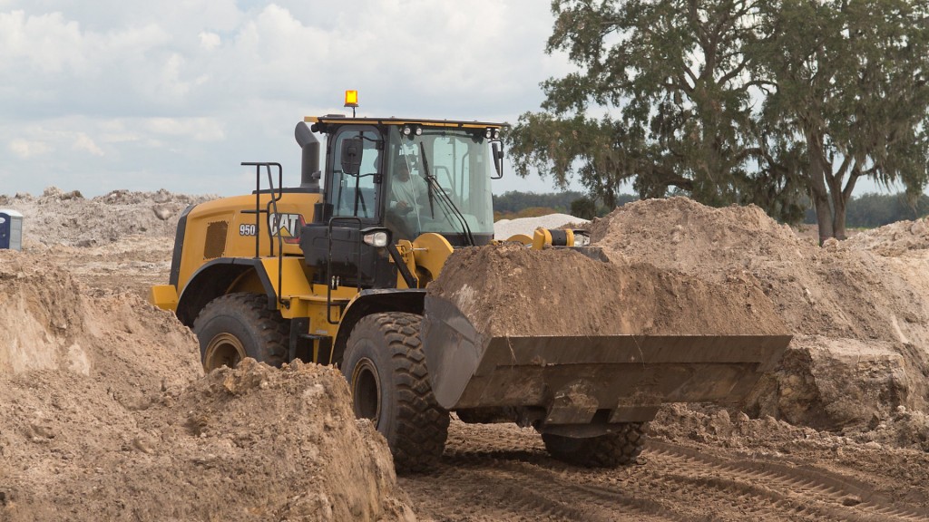 A Cat wheel loader moves dirt around on a job site