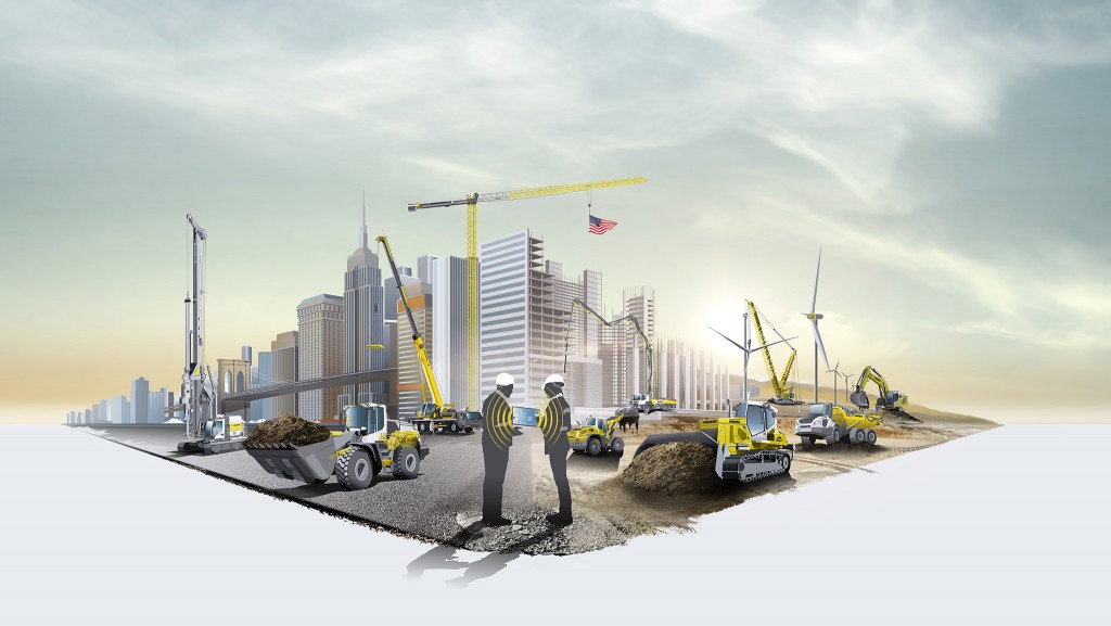 A graphic of earthmoving machines and workers in front of a cityscape