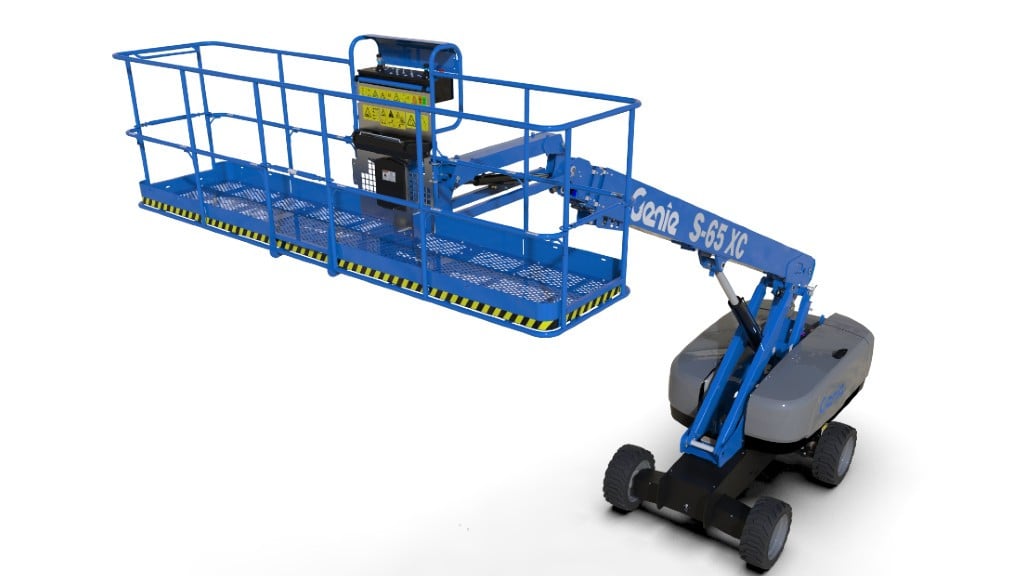 A boom lift sits on a white background