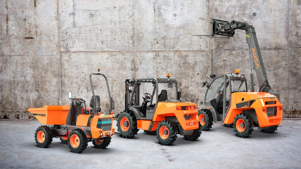 A site dumper, rough terrain forklift, and a telehandler are parked near a concrete wall