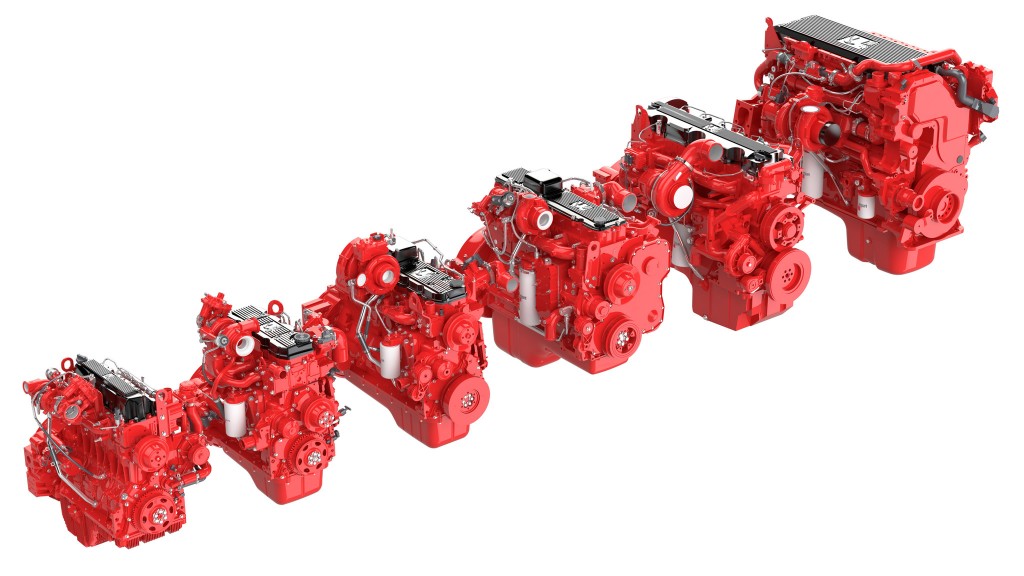 A lineup of red engines against a white background