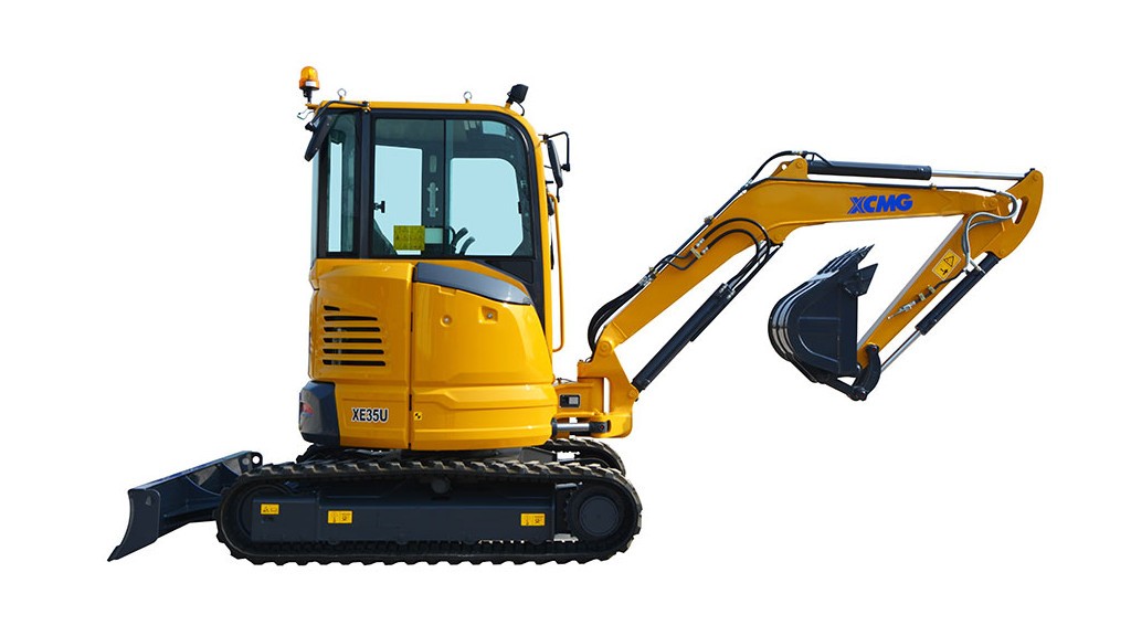 A small excavator pictured against a white background