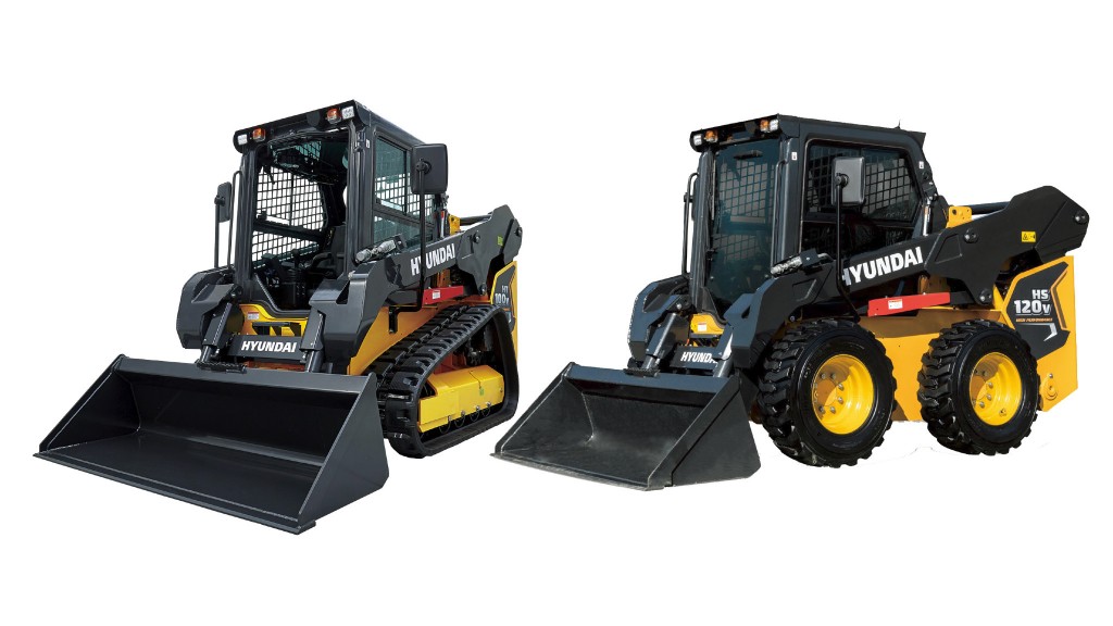 A compact track loader and a skid steer on a white background