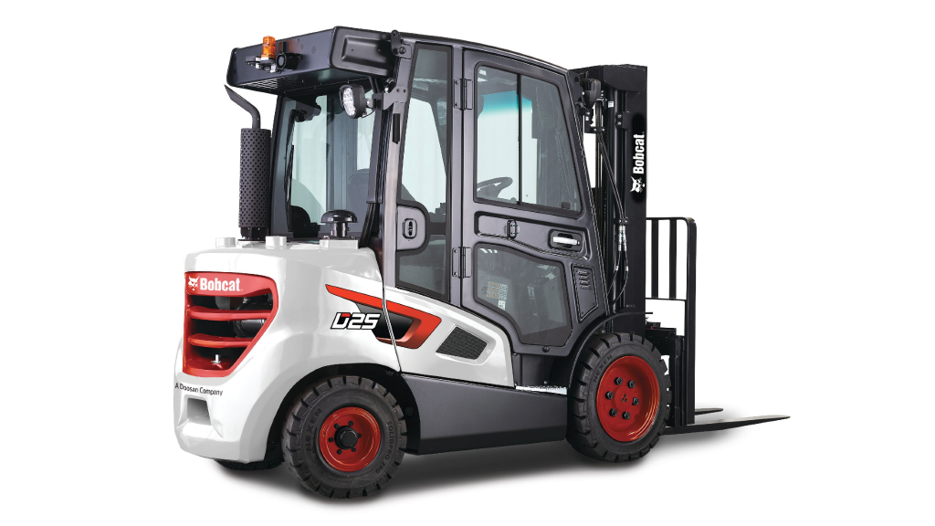 A forklift parked on a white background
