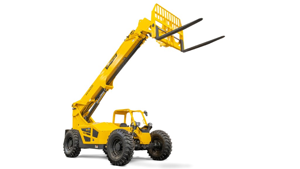 A yellow telehandler sits on a white background