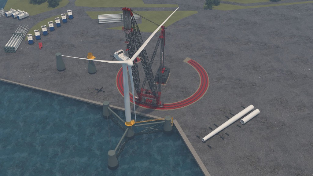 A simulation of a ring crane helping install an off-shore wind turbine