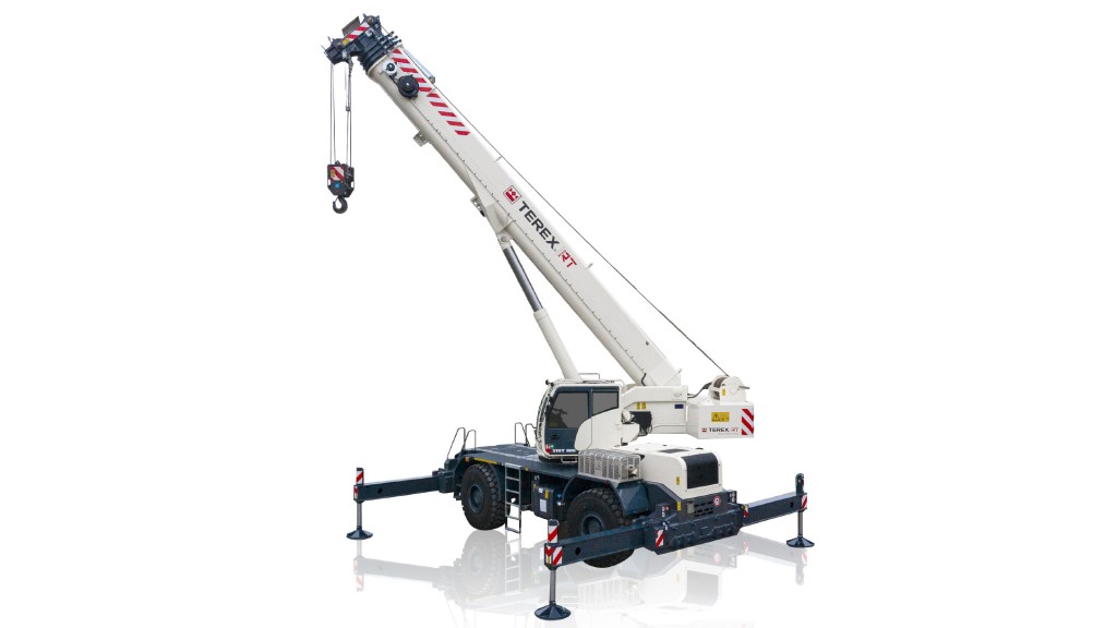 A rough terrain crane on a white background