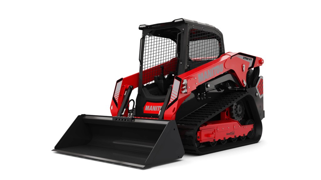 A compact track loader parked on a white background