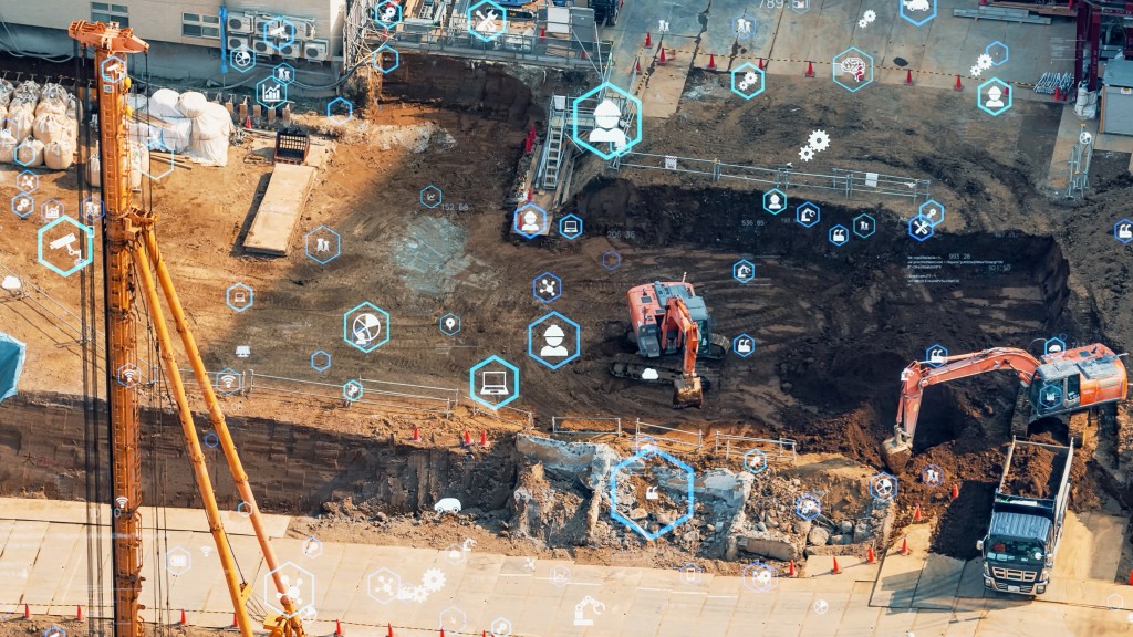 Technology icons overlaid on a construction site