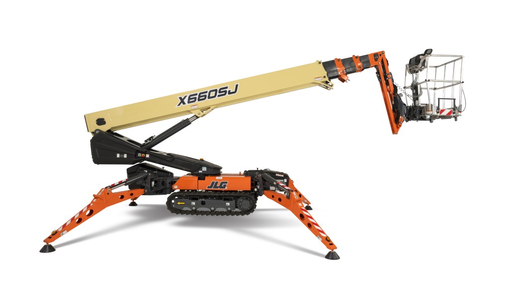 A compact crawler boom lift on a white background