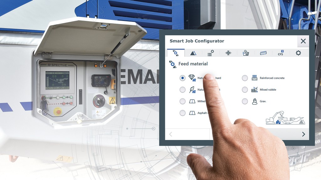 A graphic of a hand touching a tablet in front of a crusher.