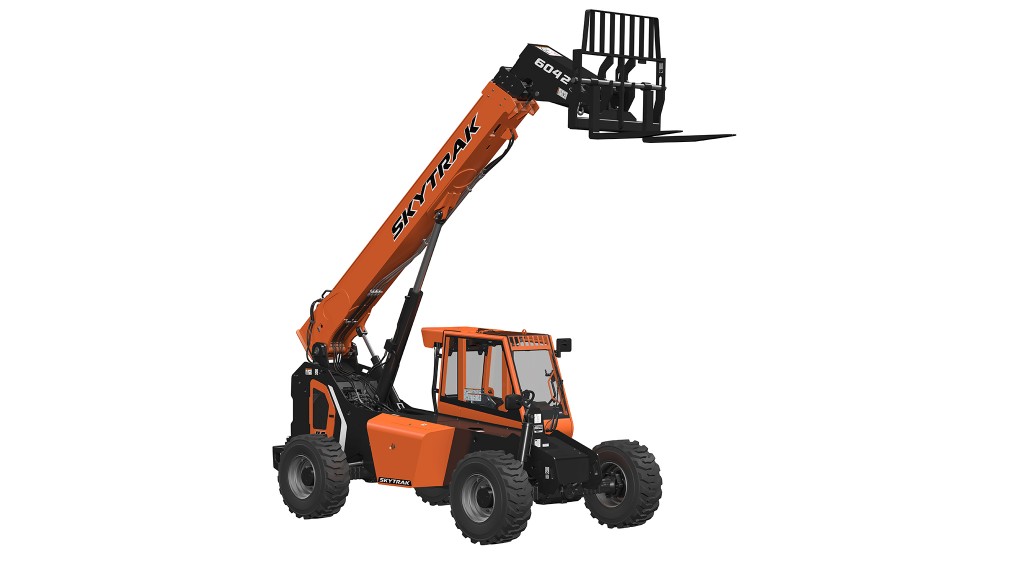 A telescopic handler in front of a white background