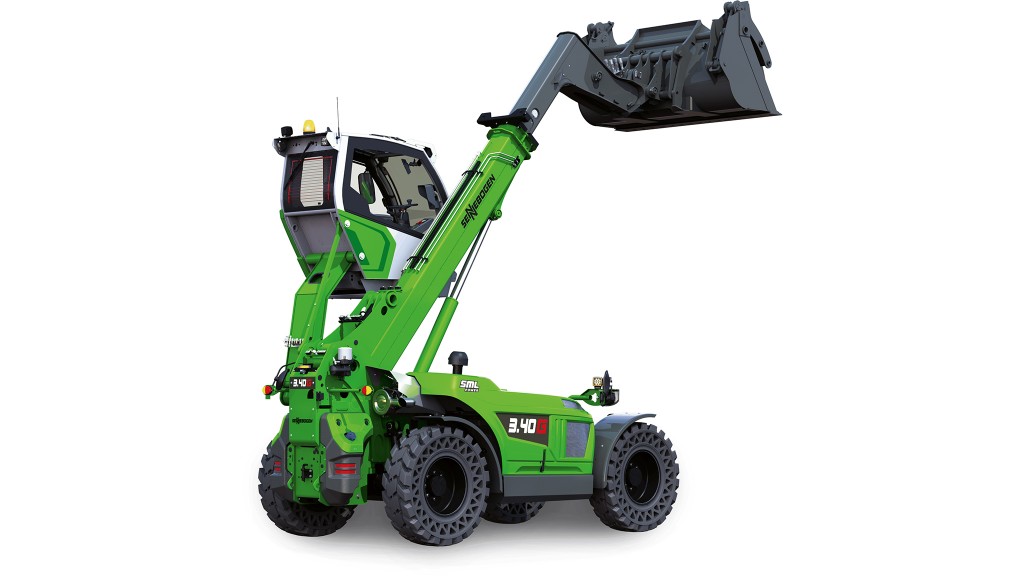 A telescopic wheel loader on a white background