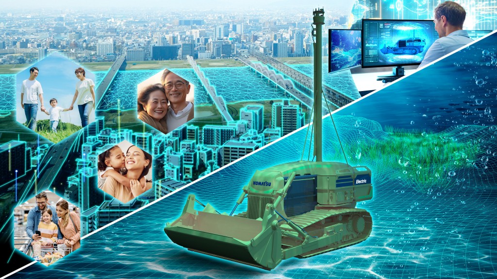 A montage of images including a remote-control bulldozer working underwater