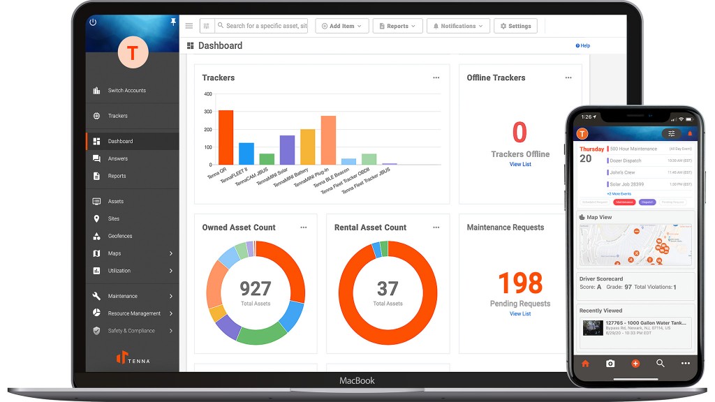 The dashboard of a software package on a simulated monitor and smartphone screen.