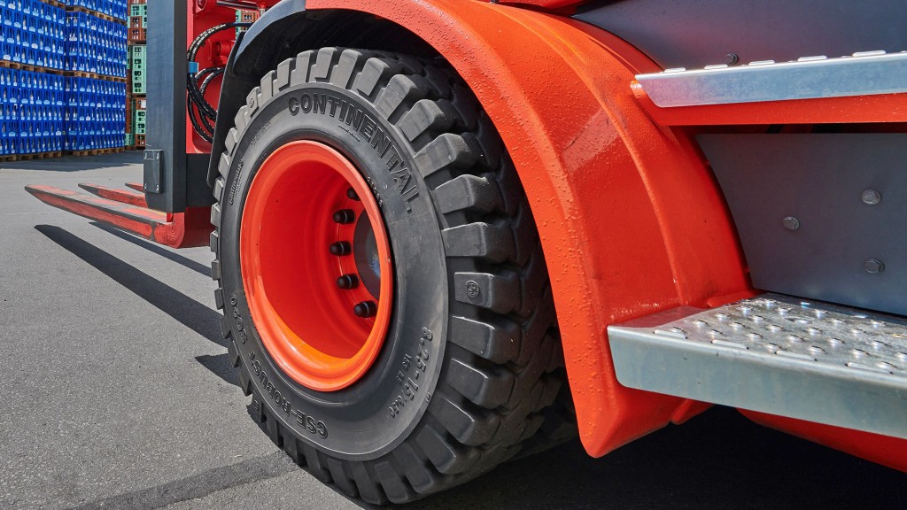 A close-up of a solid forklift tire