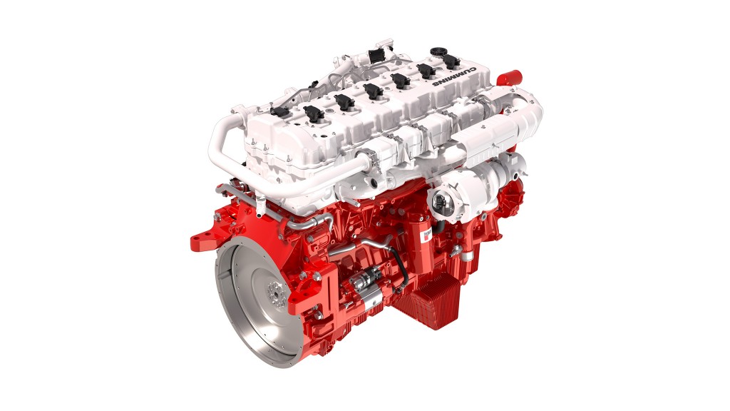 A red and white industrial engine against a white background.