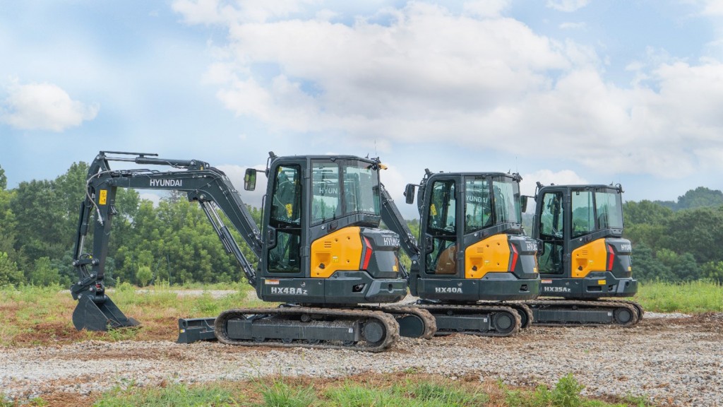 Three compact excavators side by side in a field.