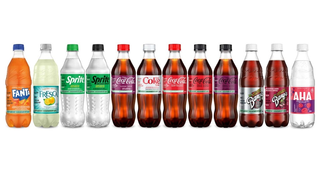 A lineup of 500 mL soda bottles