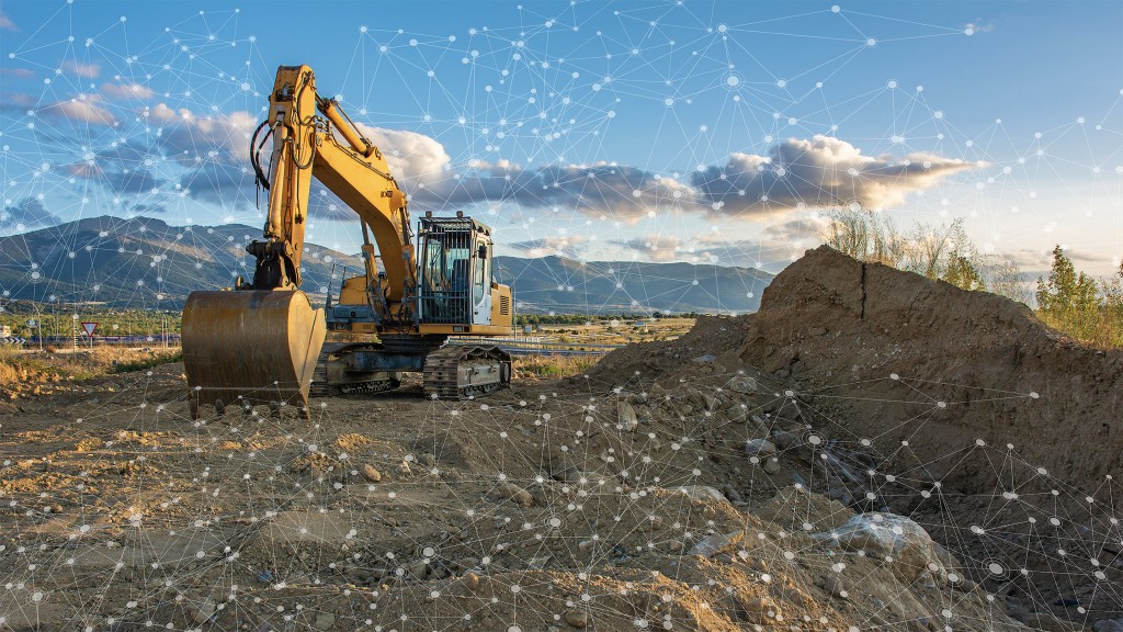 An image of an excavator overlaid with a diagram depicting hundreds of connected nodes.