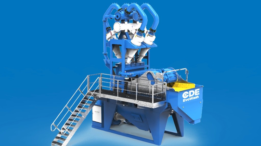 A sand classifying and dewatering system on a blue background