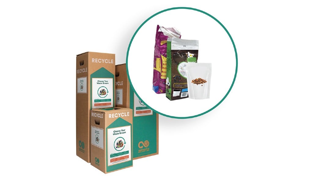 A group of pet food recycling boxes