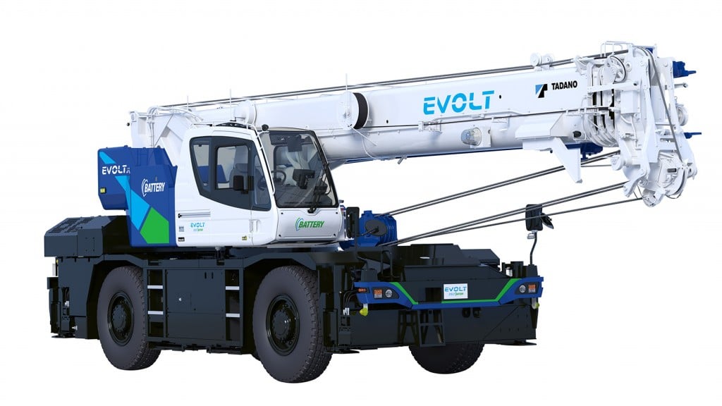 A blue and white rough-terrain crane against a white background.